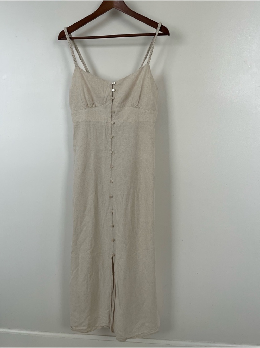Monteau Neutral Linen Blend Button-Front Dress with Braided Straps